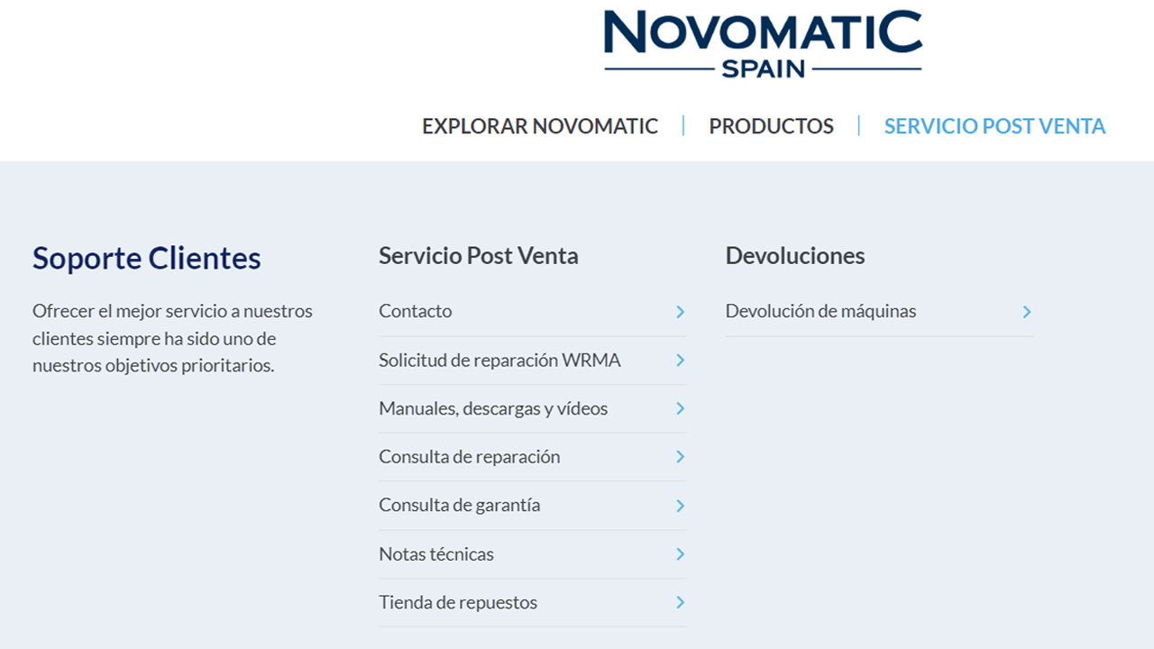 Menú del Servicio Postventa de la web de NOVOMATIC
