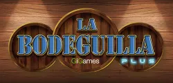 El Logo de La Bodeguilla Plus de GiGames sobre un fondo de barricas