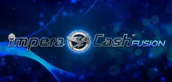 Logo de Impera Cash Fusion de NOVOMATIC con el fondo de luces azules